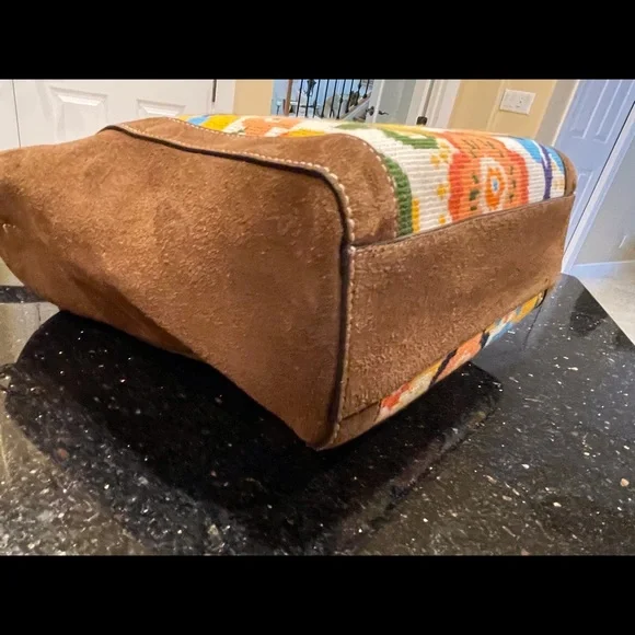 TORY BURCH COLORFUL NEEDLEPOINT & BROWN SUEDE BERMUDA HANDBAG DETACHABLE STRAP - Picture 11 of 16